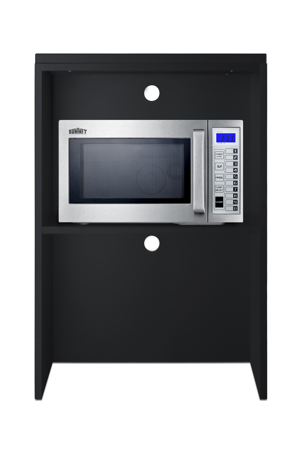 Fully assembled casework hutch in a black finish designed to accept compact microwaves